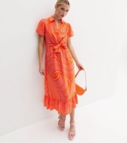 New Look Orange Wavy Collared Tie Front Ruffle Hem Midi Shirt Dress
